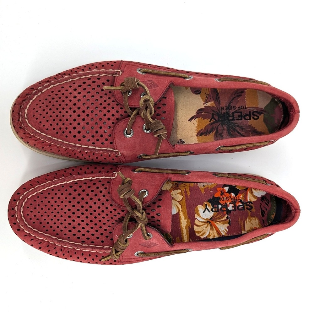 Sperry Top-Sider Boat Shoes Red Perforated Leather Nautical Preppy Loafers - Picture 4 of 6